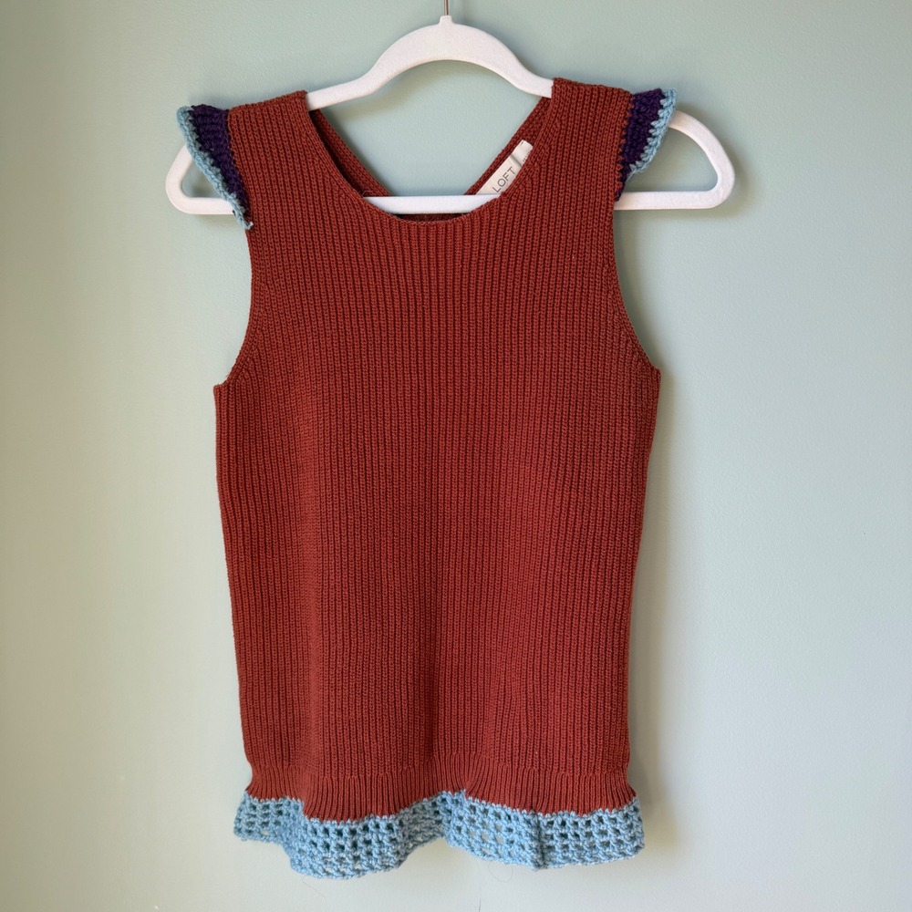 Loft Sleeveless Sweater Rust Brown Blue Trim Color Block Crochet Medium Petite